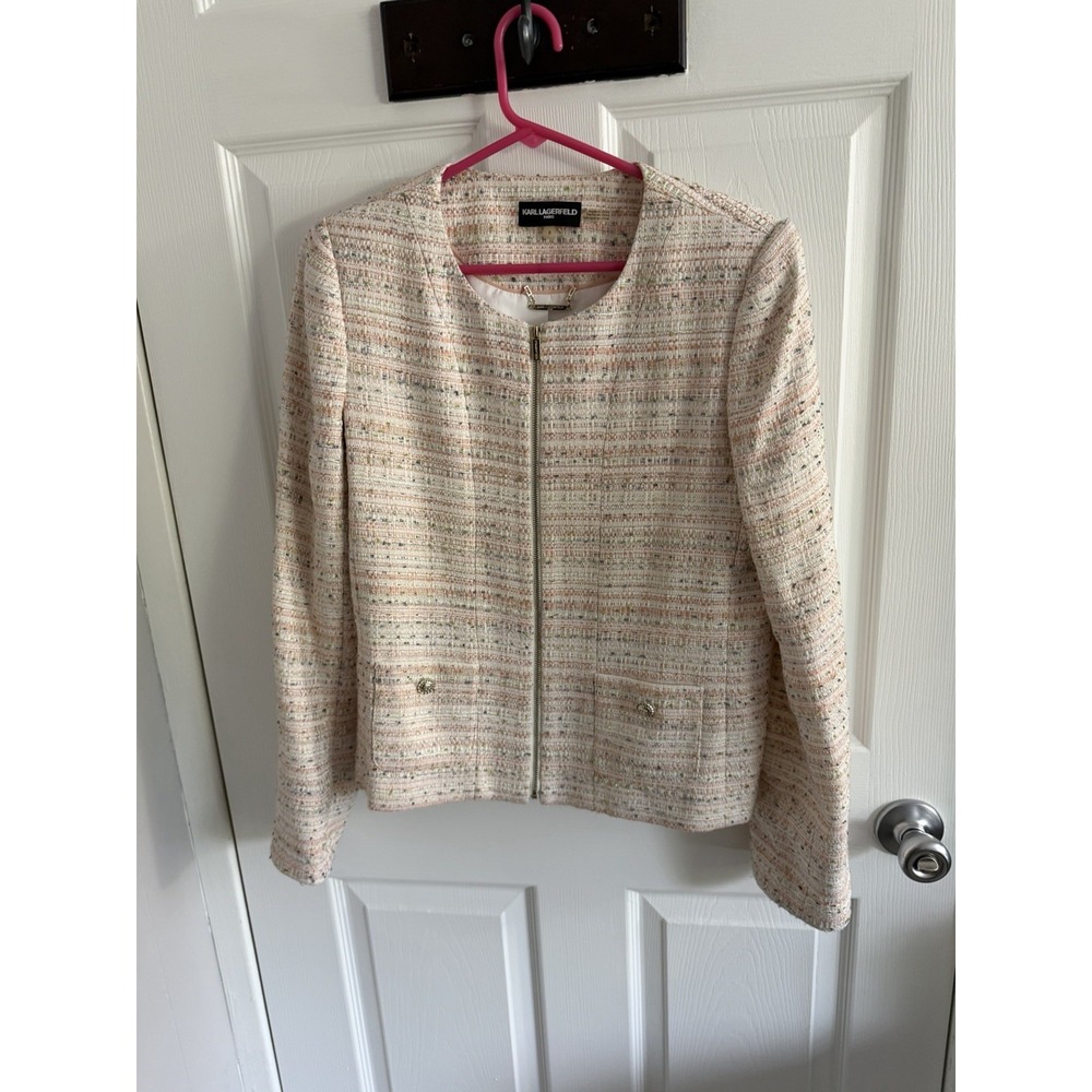 Karl Lagerfeld Paris Retro Blazer Women's Pink Tweed Cropped Zip Jacket Sz 8